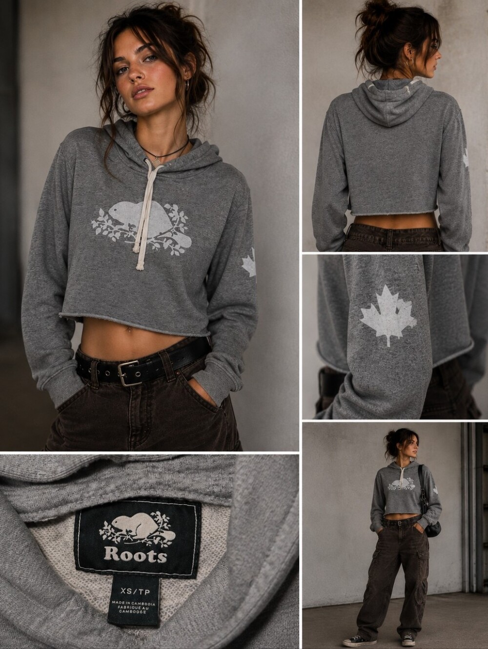 Roots Grey Cropped Hoodie with Beaver & Maple Motifs